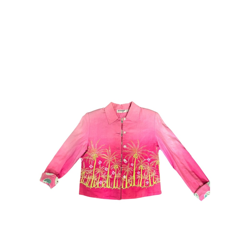 Anage Pink Ombre Palm Tree Embroidered Cotton Jacket XS Tropical  Button Up
